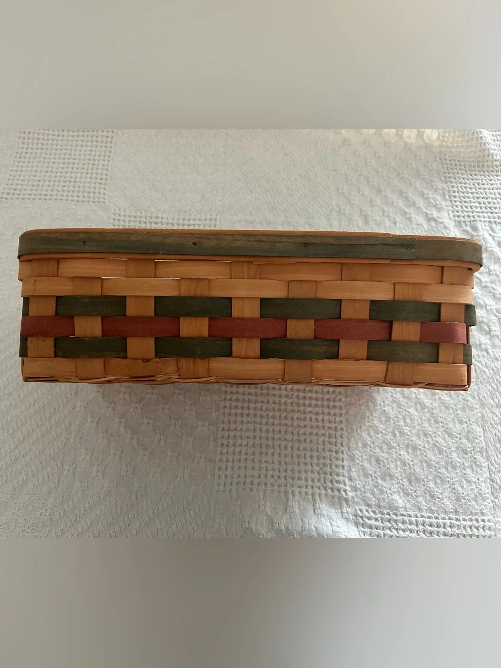 Handwoven Natural Wood Tray Basket with Green and Red Accents